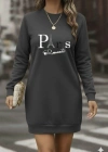 Kadın Uzun Kollu Bisiklet Yaka Yazılı Kısa Viskon Iki Iplik Elbise