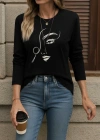 Kadın Uzun Kollu Bisiklet Yaka Yüz Desenli Viskon Bluz