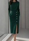 Kadın Uzun Kollu Bisiklet Yakalı Yandan Yırtmaçlı Düğmeli Midi Ithal Krep Elbise