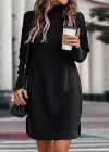 Kadın Uzun Kollu Boğazlı Yaka Yanları Yırtmaç Detay Triko Mini Boy Elbise