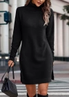 Kadın Uzun Kollu Boğazlı Yaka Yanları Yırtmaç Detay Triko Mini Boy Elbise