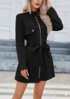 Kadın Uzun Kollu Boyundan Düğmeli Fermuarlı Beli Kuşaklı Süet Ceket