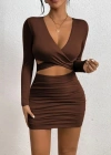 Kadın Uzun Kollu çapraz Dekolte Detaylı Mini Sandy Elbise
