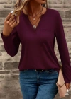 Kadın Uzun Kollu Cepli V Yakalı Viskon Iki Iplik Mürdüm Bluz
