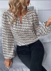 Kadın Uzun Kollu Damla Detaylı Yaka Desenli Süprem Bluz