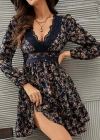 Kadın Uzun Kollu Dantel V Yakalı Mini Desenli Süprem Elbise