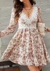 Kadın Uzun Kollu Dantel V Yakalı Mini Desenli Süprem Elbise
