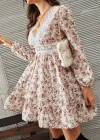Kadın Uzun Kollu Dantel V Yakalı Mini Desenli Süprem Elbise
