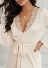 Kadın Uzun Kollu Dantel Yakalı Belden Kuşaklı Viskon Gecelik