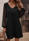 Kadın Uzun Kollu Dantelli V Yakalı Kısa Ithal Krep Elbise