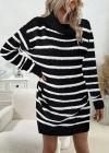 Kadın Uzun Kollu Degaje Yaka çizgili Sonya Iplik Mini Boy Triko Elbise (kemersiz)