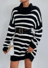 Kadın Uzun Kollu Degaje Yaka çizgili Sonya Iplik Mini Boy Triko Elbise (kemersiz)