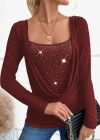 Kadın Uzun Kollu Derin Degaje Yakalı Taşlı Sandy Bluz