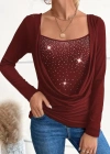 Kadın Uzun Kollu Derin Degaje Yakalı Taşlı Sandy Bluz