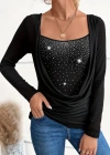 Kadın Uzun Kollu Derin Degaje Yakalı Taşlı Sandy Bluz