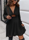 Kadın Uzun Kollu Derin V Yaka Göğüs Altı Dekolte Detaylı Sandy Mini Boy Elbise