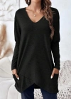 Kadın Uzun Kollu Derin V Yakalı Asimetrik Kesim Cepli Detay Yün Viskon Iki Iplik Bluz