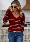 Kadın Uzun Kollu Derin V Yakalı çizgi Desenli Triko Bluz