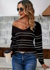 Kadın Uzun Kollu Derin V Yakalı çizgi Desenli Triko Bluz