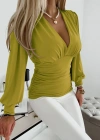 Kadın Uzun Kollu Derin V Yakalı önden Büzgülü Sandy Bluz