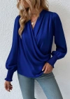 Kadın Uzun Kollu Dökümlü Kruvaze Yaka Kol Ucu Gipeli Sandy Lacivert Bluz