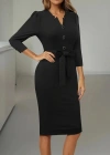Kadın Uzun Kollu Düğme Detaylı Kendinden Kemerli Ithal Krep Elbise