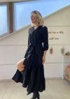 Kadın Uzun Kollu Eteği Fırfırlı Beli Kuşaklı Trikoton Tam Boy Gömlek Elbise