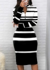 Kadın Uzun Kollu Fermuar Detay Siyah Beyaz çizgili Akrelik Triko Elbise