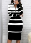 Kadın Uzun Kollu Fermuar Detay Siyah Beyaz çizgili Akrelik Triko Elbise