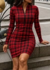 Kadın Uzun Kollu Fermuarlı Ekose Baskılı Dalgıç Elbise