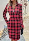 Kadın Uzun Kollu Fermuarlı Ekose Baskılı Dalgıç Elbise