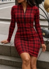 Kadın Uzun Kollu Fermuarlı Ekose Baskılı Dalgıç Elbise