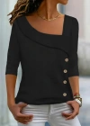 Kadın Uzun Kollu Geometrik Yaka Detay Yandan Düğmeli Mikro Bluz