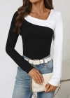 Kadın Uzun Kollu Geometrik Yaka Detaylı çift Renkli Viskon Bluz