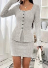 Kadın Uzun Kollu Geometrik Yaka önden Düğmeli şardonlu Kaşkorse Bluz Ve Etek Ikili Takım