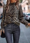 Kadın Uzun Kollu Gipe Detaylı Balıkçı Yaka Leopar Desenli Süprem Bluz