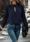 Kadın Uzun Kollu Göğüs Pencere Detay Yaka Boğazlı Kolları Tüllü Sandy Bluz