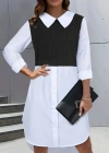Kadın Uzun Kollu Gömlek Yaka çift Renkli Trikoton Elbise