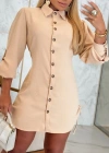 Kadın Uzun Kollu Gömlek Yaka önden Düğmeli Yanlardan Büzgülü Kısa Aerobin Elbise