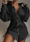 Kadın Uzun Kollu Gömlek Yaka önden Düğmeli Yanlardan Büzgülü Kısa Aerobin Elbise