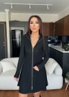 Kadın Uzun Kollu Hakim Yaka Ayarlanabilir Fermuar Dekolteli Mini Elbise