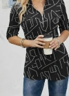 Kadın Uzun Kollu Hakim Yaka Yakadan Fermuarlı Geometrik Desenli Süprem Bluz