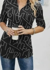 Kadın Uzun Kollu Hakim Yaka Yakadan Fermuarlı Geometrik Desenli Süprem Bluz