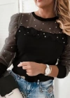 Kadın Uzun Kollu Inci Detaylı Tüllü Viskon Bluz