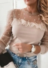 Kadın Uzun Kollu Inci Detaylı Tüllü Viskon Bluz
