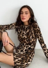 Kadın Uzun Kollu ırtı Açık Bağlamalı eopar Desenli Kısa Dalgıç Elbise