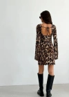 Kadın Uzun Kollu ırtı Açık Bağlamalı eopar Desenli Kısa Dalgıç Elbise