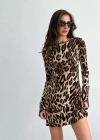 Kadın Uzun Kollu ırtı Açık Bağlamalı eopar Desenli Kısa Dalgıç Elbise