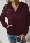 Kadın Uzun Kollu Kapşonlu Bağcıklı Dantelli Viskon Iki Iplik Bluz