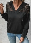 Kadın Uzun Kollu Kapşonlu Bağcıklı Dantelli Viskon Iki Iplik Bluz